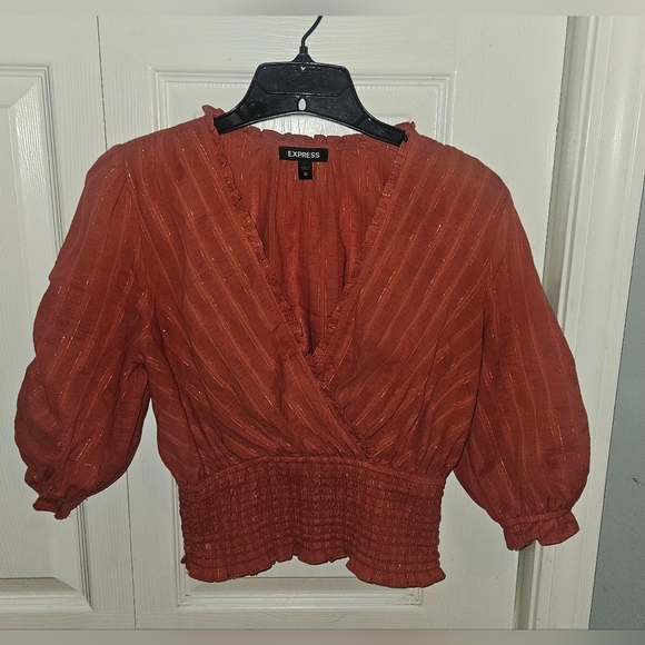 Express Tops - Express Rust Orange W/Gold  Smocked Crop Blouse 3/4 Length Puff Sleeves Women XS